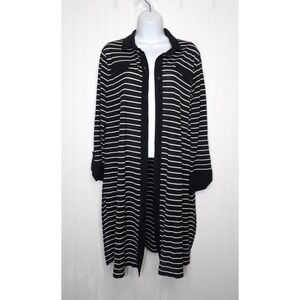 Chico's Cardigan Long Line Duster Black White Striped Button Front Size 2 Large‎